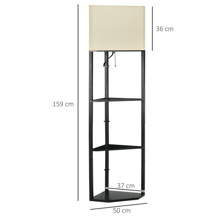 Lampada da Terra Angolare 50x37x159 cm con Ripiani e Paralume in Tessuto Nero