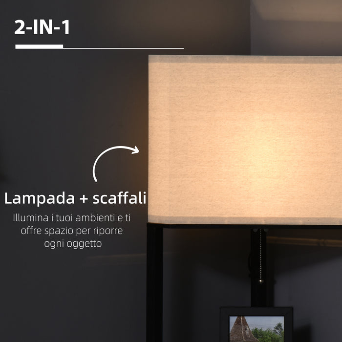 Lampada da Terra Angolare 50x37x159 cm con Ripiani e Paralume in Tessuto Nero