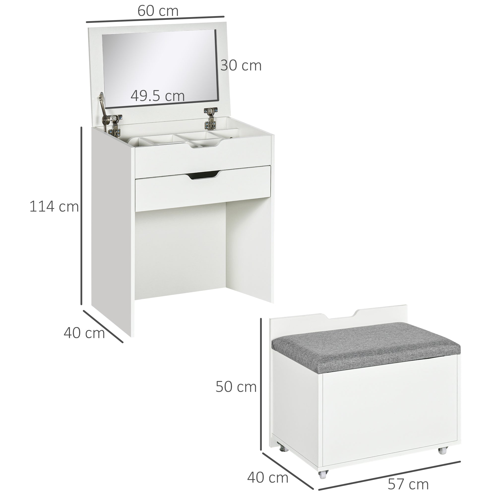 Consolle Trucco 60x40x114 cm con Specchio e Sgabello in Legno Bianco