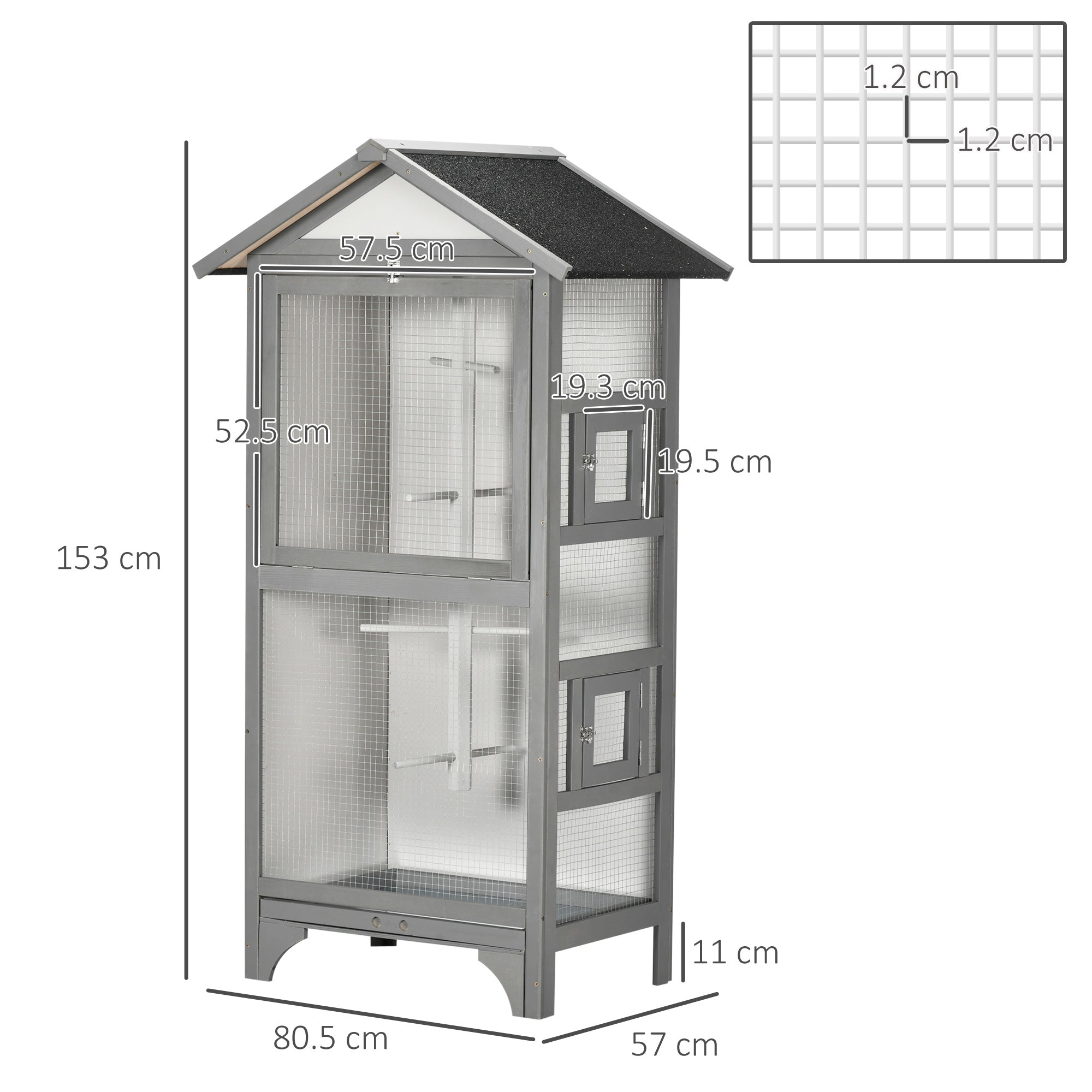 Voliera Gabbia per Uccelli da Esterno 80,5x57x158,5 cm Tetto in Asfalto in Legno di Abete Grigio Chiaro