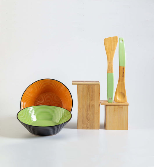 Set Cucina Verde Arancio e Legno 6 Pezzi