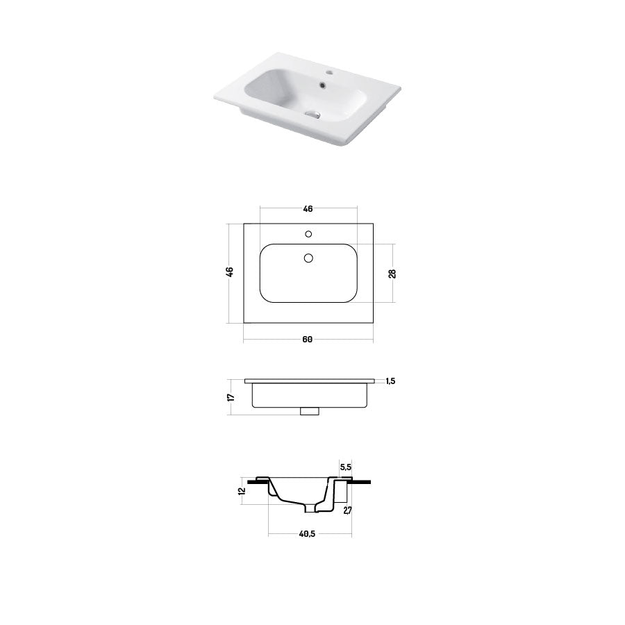 Lavabo a consolle in ceramica bianca lucida serie Qubo Square 46 Disegno-Ceramica 61cm