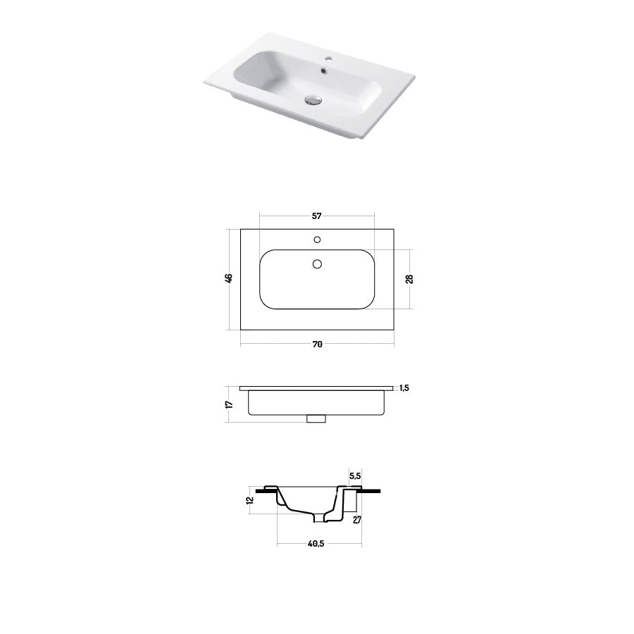 Lavabo a consolle in ceramica bianca lucida serie Qubo Square 46 Disegno-Ceramica 71cm