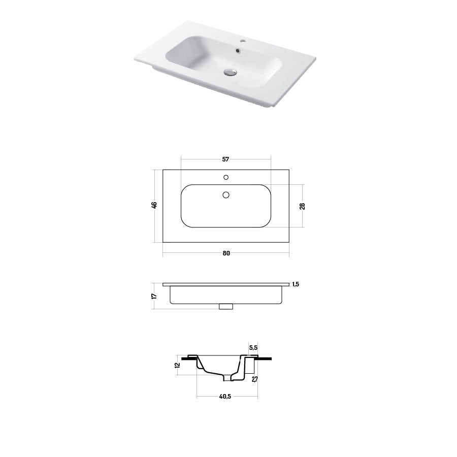 Lavabo a consolle in ceramica bianca lucida serie Qubo Square 46 Disegno-Ceramica 81cm