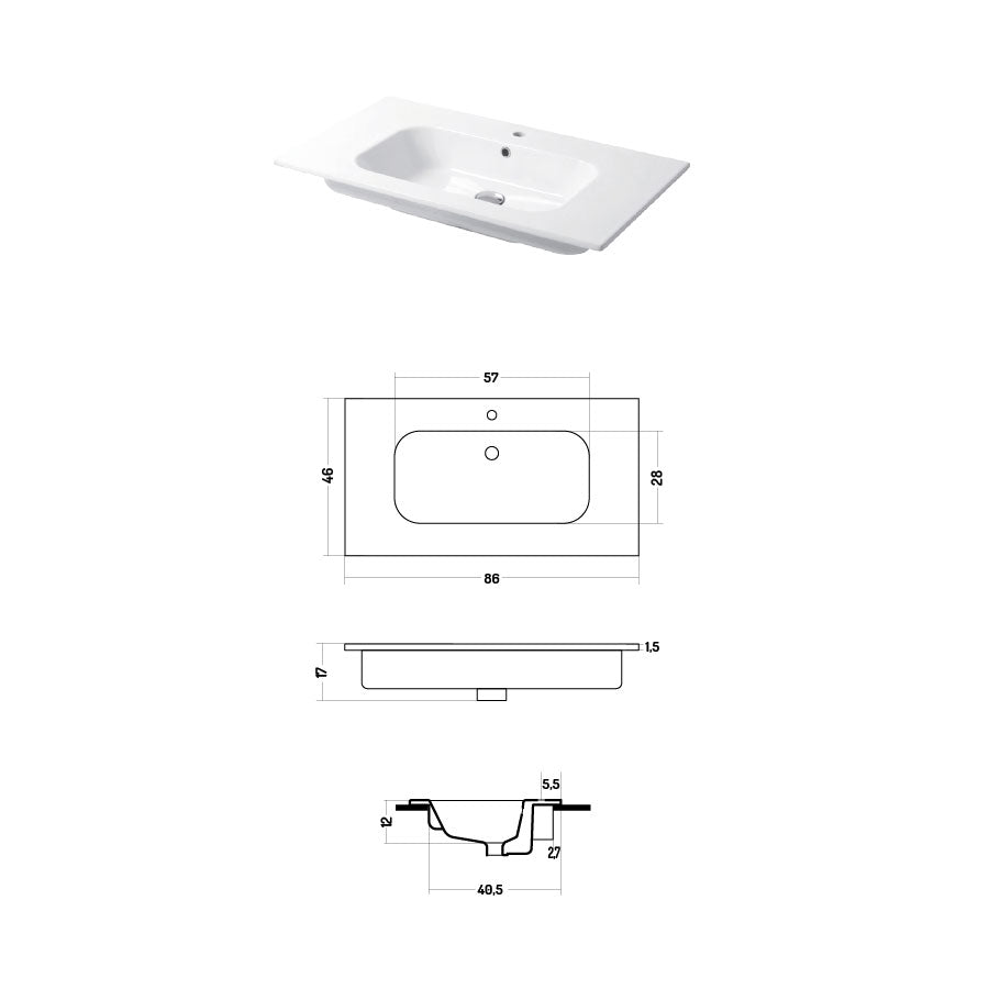 Lavabo a consolle in ceramica bianca lucida serie Qubo Square 46 Disegno-Ceramica 86cm