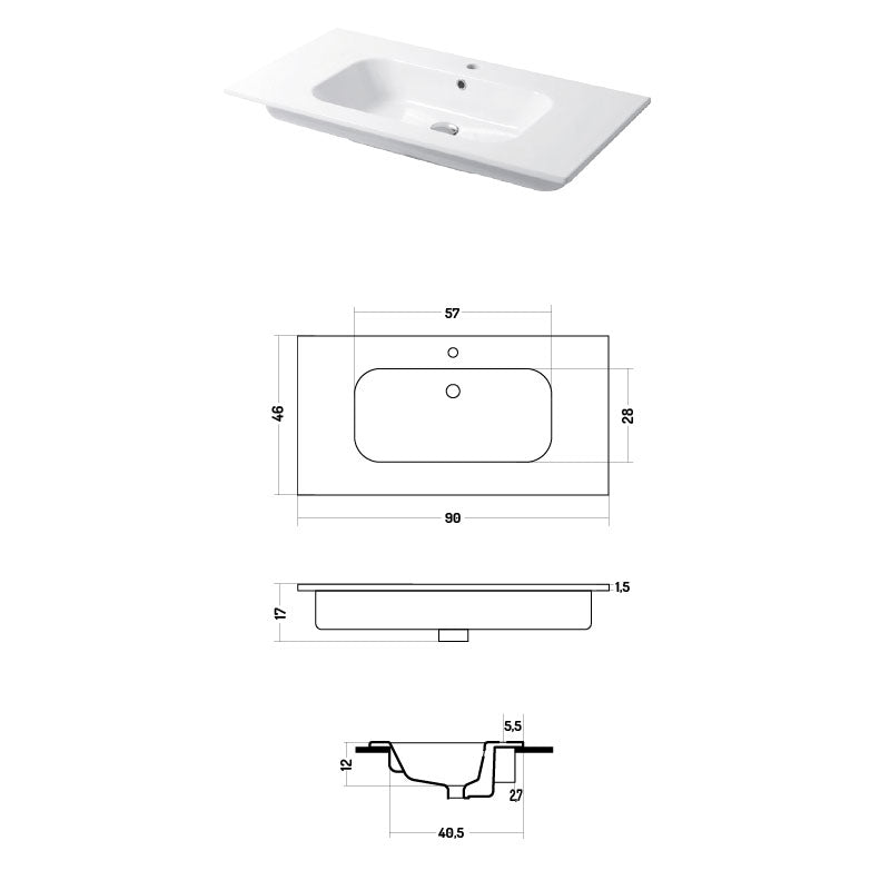 Lavabo a consolle in ceramica bianca lucida serie Qubo Square 46 Disegno-Ceramica 91cm