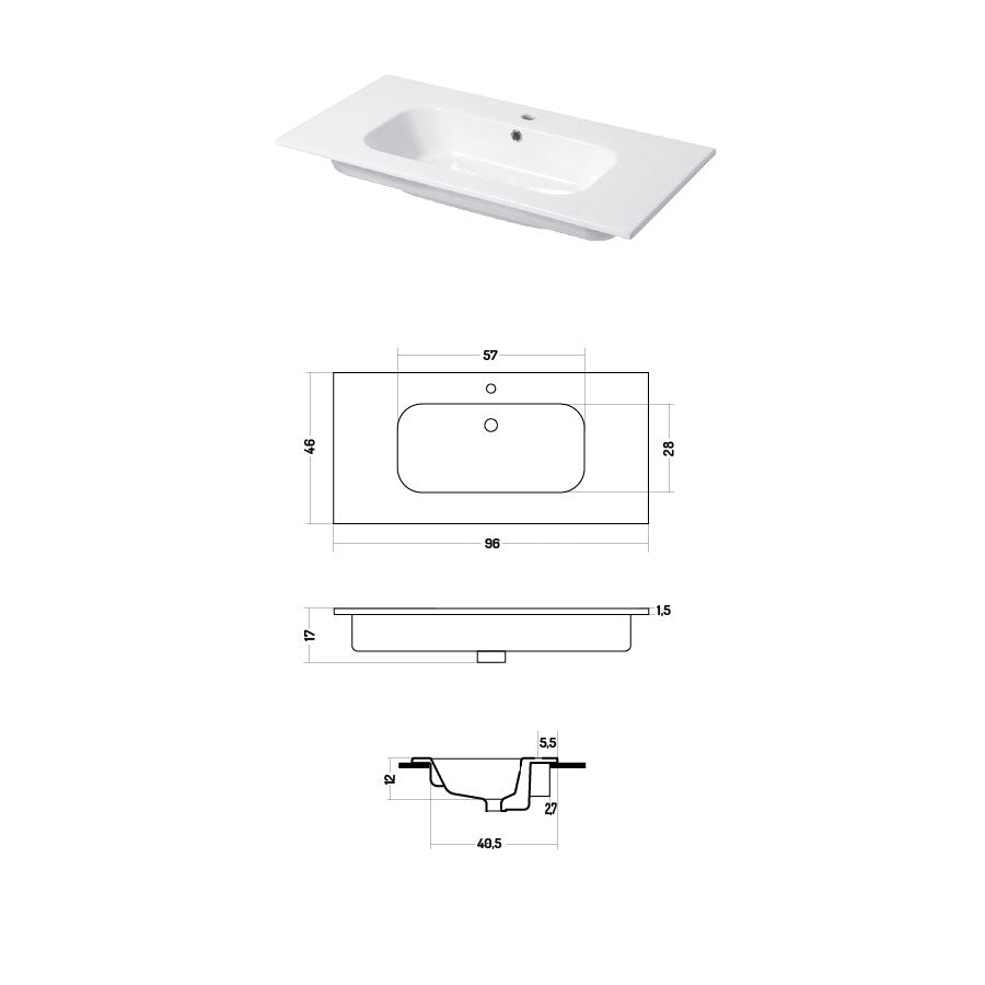 Lavabo a consolle in ceramica bianca lucida serie Qubo Square 46 Disegno-Ceramica 96cm