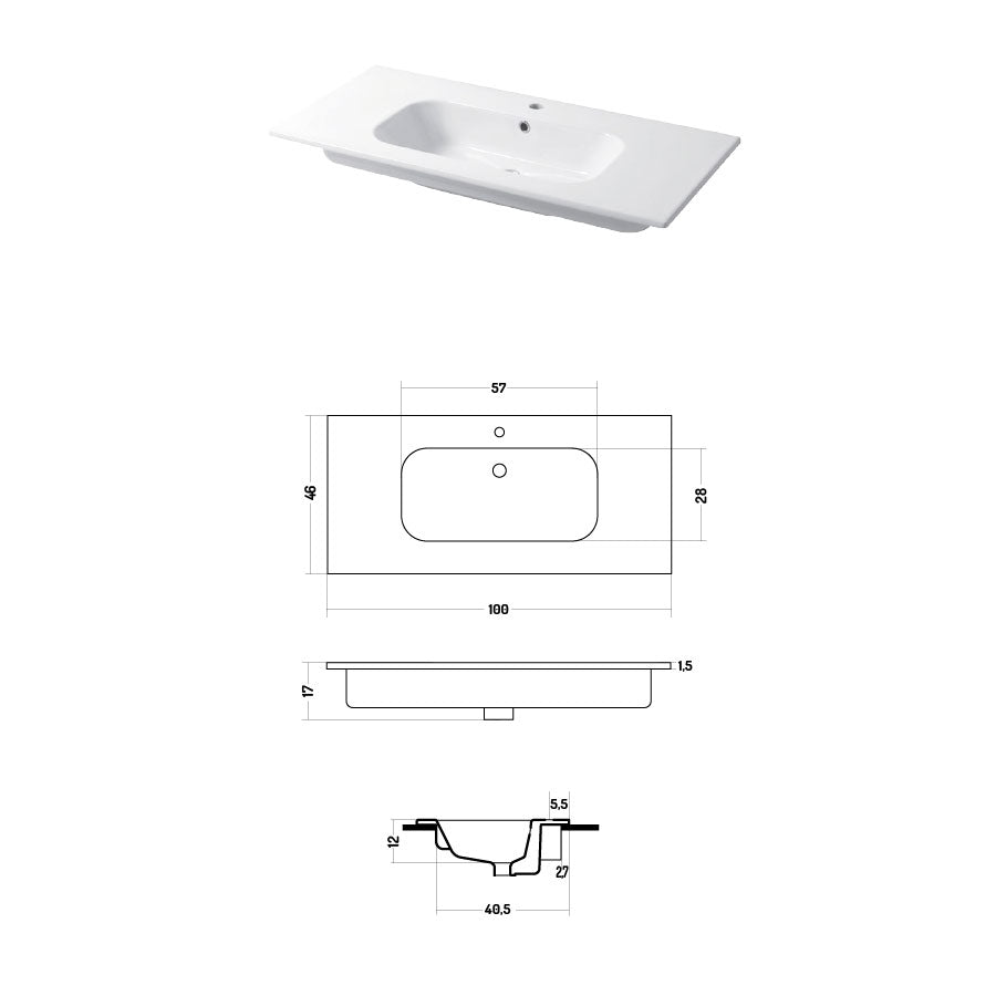 Lavabo a consolle in ceramica bianca lucida serie Qubo Square 46 Disegno-Ceramica 101cm