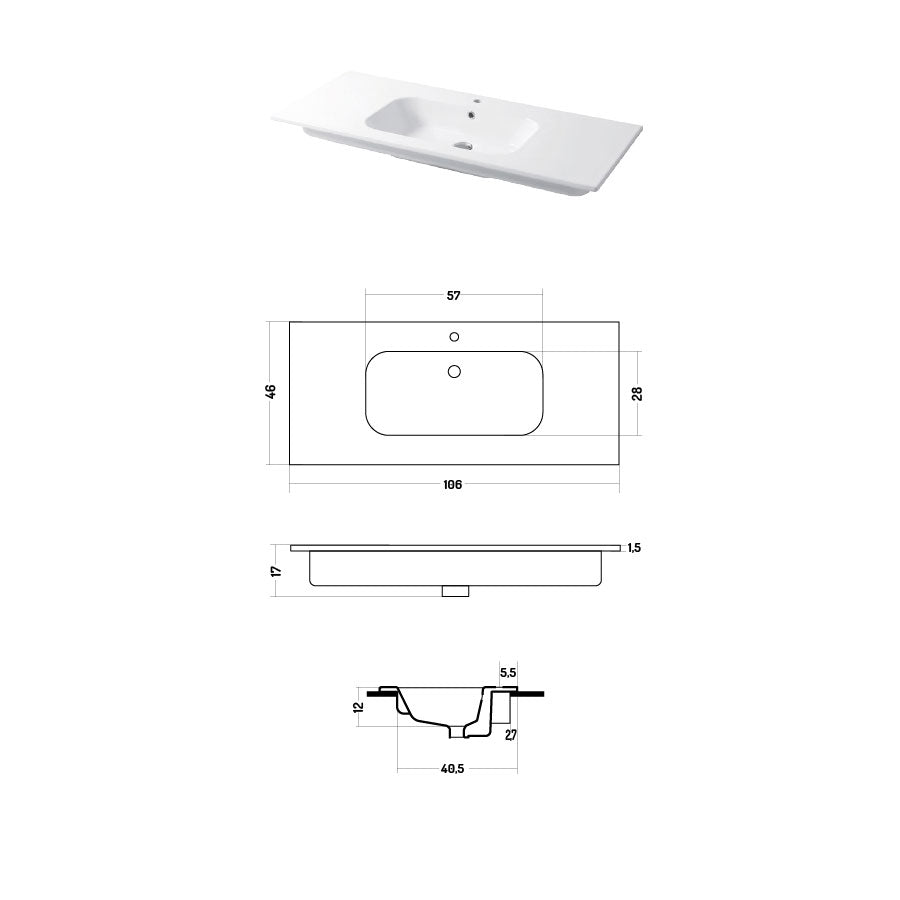 Lavabo a consolle in ceramica bianca lucida serie Qubo Square 46 Disegno-Ceramica 106cm