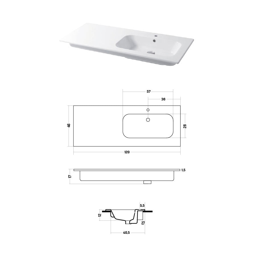 Lavabo a consolle in ceramica bianca lucida serie Qubo Square 46 Disegno-Ceramica 121cm - con piano appoggio sulla sinistra