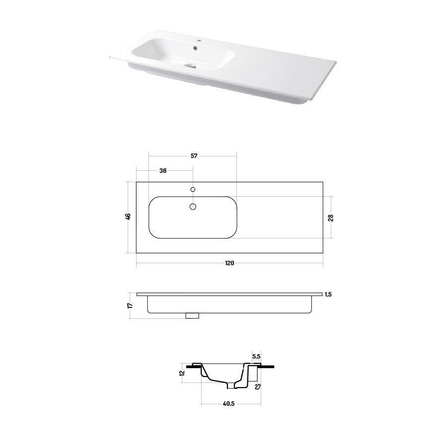 Lavabo a consolle in ceramica bianca lucida serie Qubo Square 46 Disegno-Ceramica 121cm - con piano appoggio sulla destra