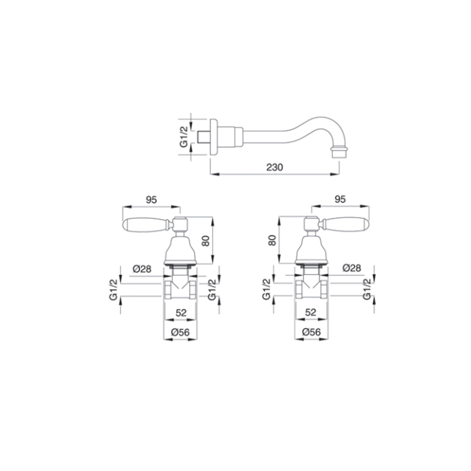 Miscelatore lavabo a parete in ottone cromato con manici bianchi collezione King Keller Taps