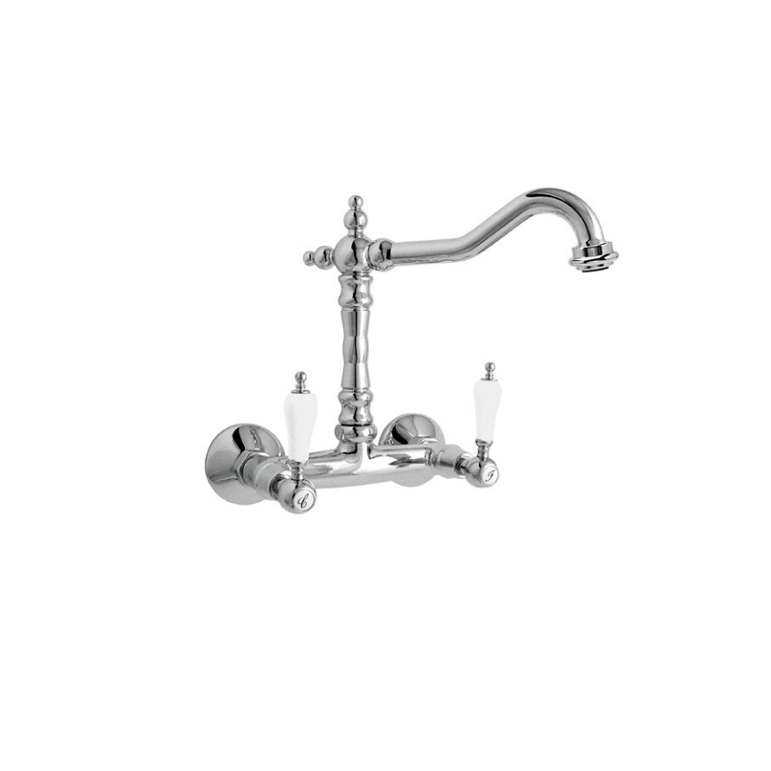 Miscelatore lavabo a parete in ottone cromato con manici bianchi e bocca antica collezione King Keller Taps