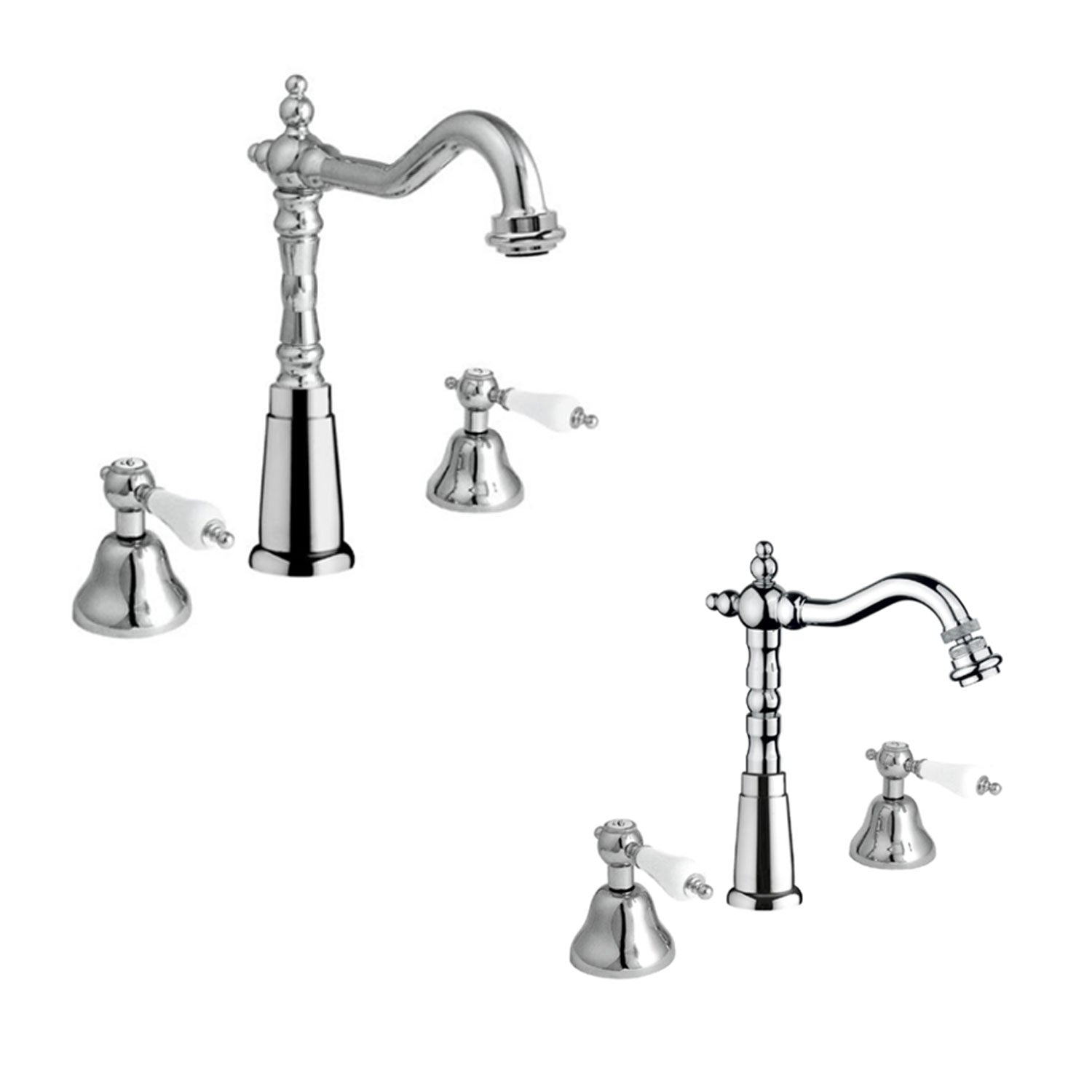 Kit miscelatori lavabo e bidet in ottone cromato bocca antica collezione King Keller Taps - 3 fori per ognuno