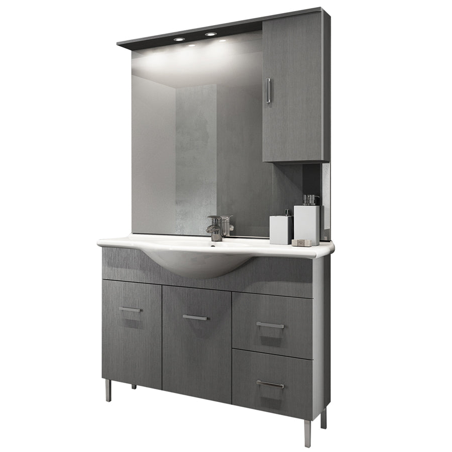 Mobile bagno a terra con due ante, lavabo in ceramica, specchio e pensile modello Jour cm 105 in nobilitato larice grigio