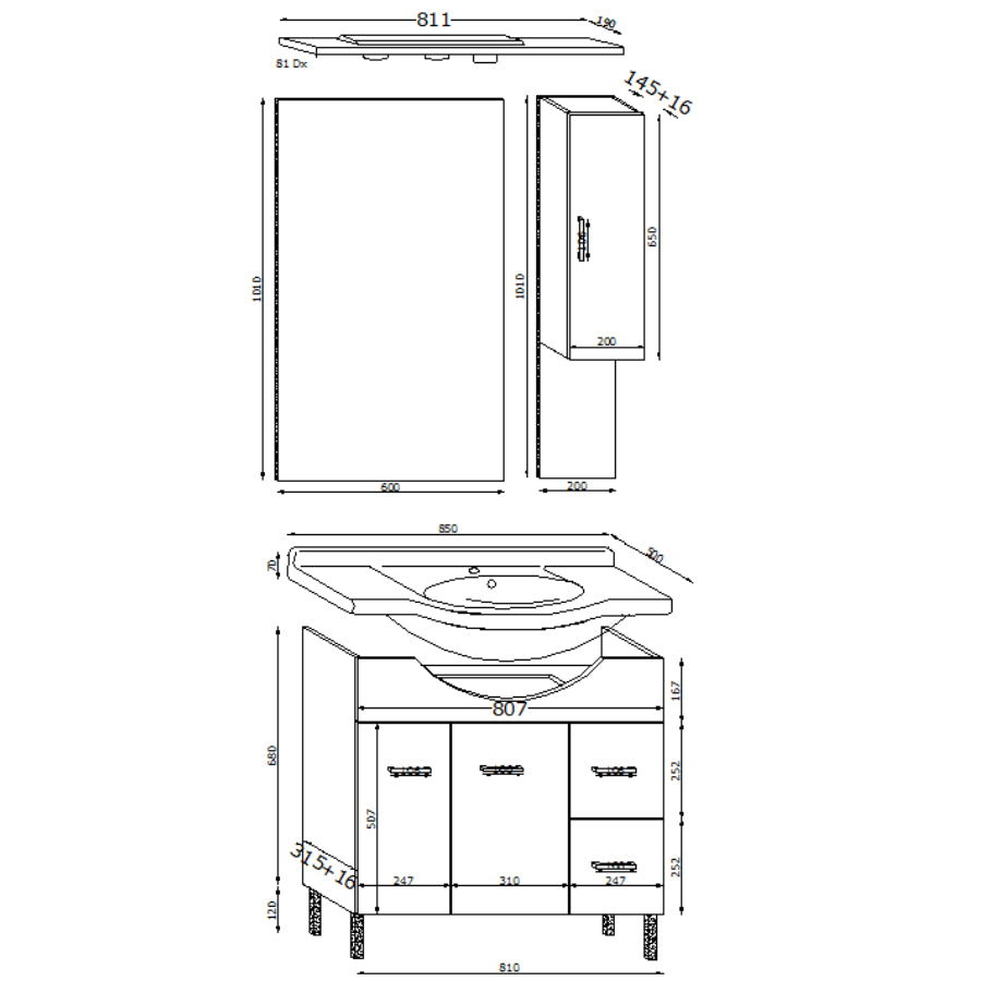 Mobile bagno a terra con due ante, due cassetti, lavabo in ceramica, specchio e pensile modello Jour in nobilitato bianco lucido 