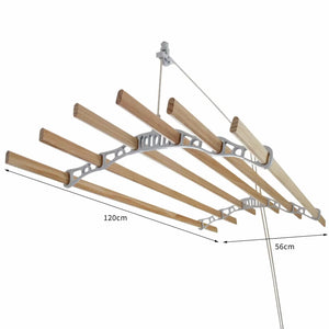 Stendibiancheria da Soffitto 6 Stecche 120x56x14 cm con Sistema di Carrucole in Legno e Corda