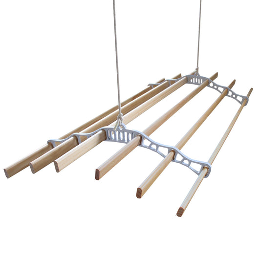 Stendibiancheria da Soffitto con 6 Stecche Legno 150cm e Supporti Ghisa Bianchi