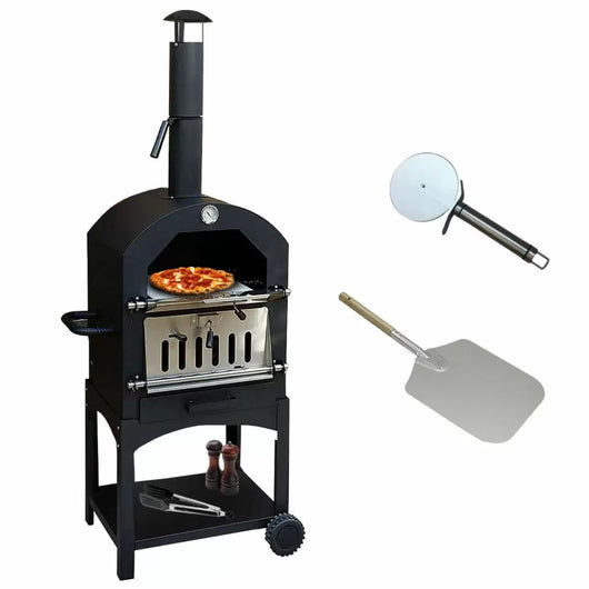 Forno Multifunzione a Carbonella 156x64x43 cm per Pizza Carne e Pesce in Acciaio con Pala e Cutter