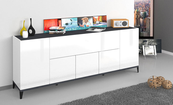 Credenza 4 Ante + 1 Anta Ribalta 200x40x82 cm Sunrise Bianco Lucido e Ardesia