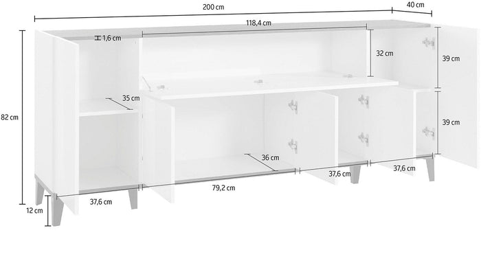 Credenza 4 Ante + 1 Anta Ribalta 200x40x82 cm Sunrise Bianco Lucido e Ardesia