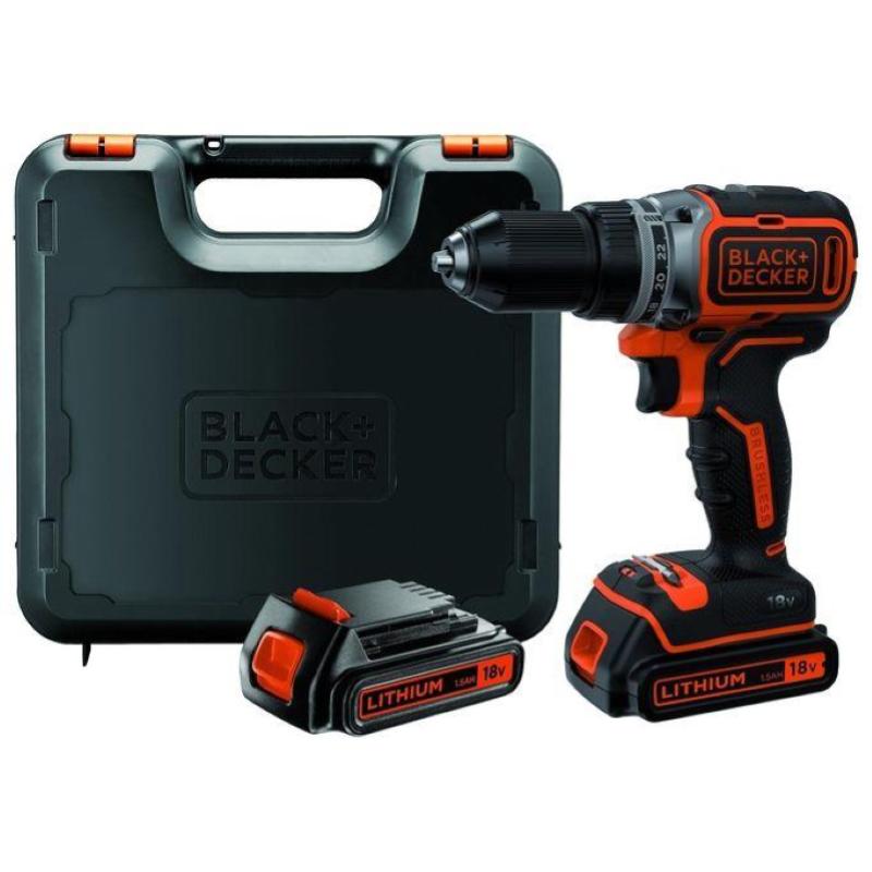 Black and decker trapano-avvitatore brushless con doppia batteria 18v litio 1.5ah: 24 2 velocita`, caricabatterie in 3-5h, valigetta