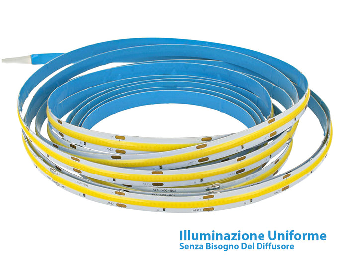 24V Bobina Striscia Led COB 14W/M 120LM/W 1700LM/M CRI 90 Bianco Caldo 3000K 5 Metri IP20 No Puntini Luce Continua Uniforme