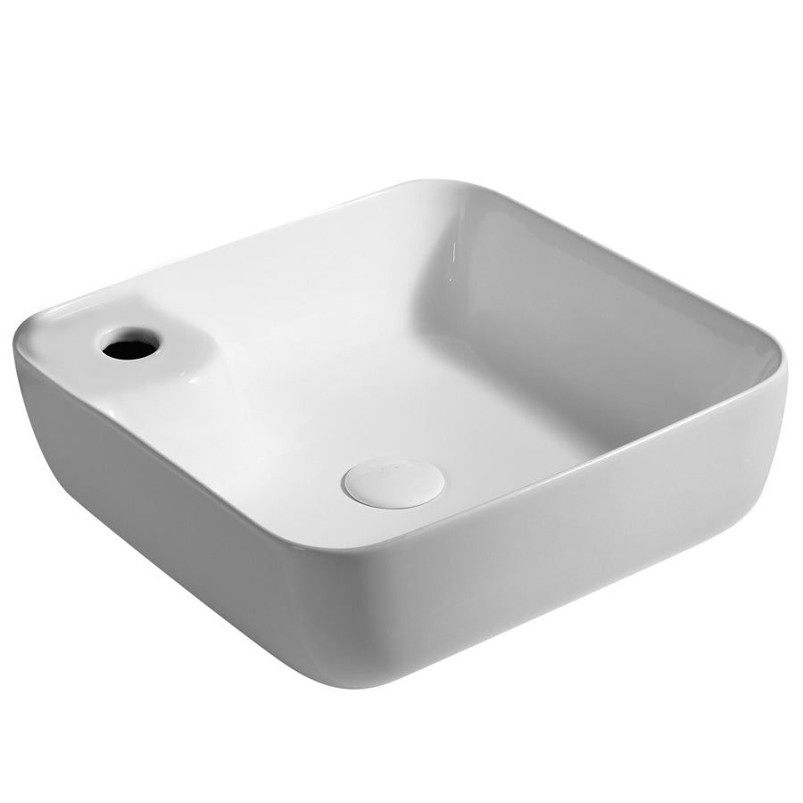 Lavabo d'appoggio quadrato con angoli stondati e foro rubinetto in ceramica bianca cm 43x43