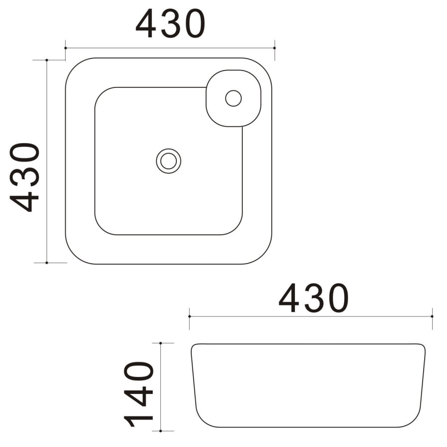 Lavabo d'appoggio quadrato con angoli stondati e foro rubinetto in ceramica bianca cm 43x43