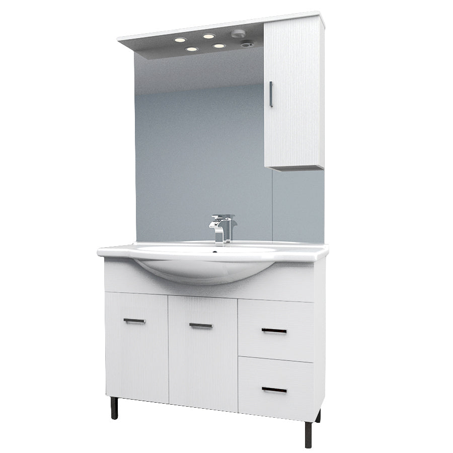 Mobile bagno a terra con ante, cassetti, lavabo, specchio e pensile modello Jour cm 105 in nobilitato larice bianco