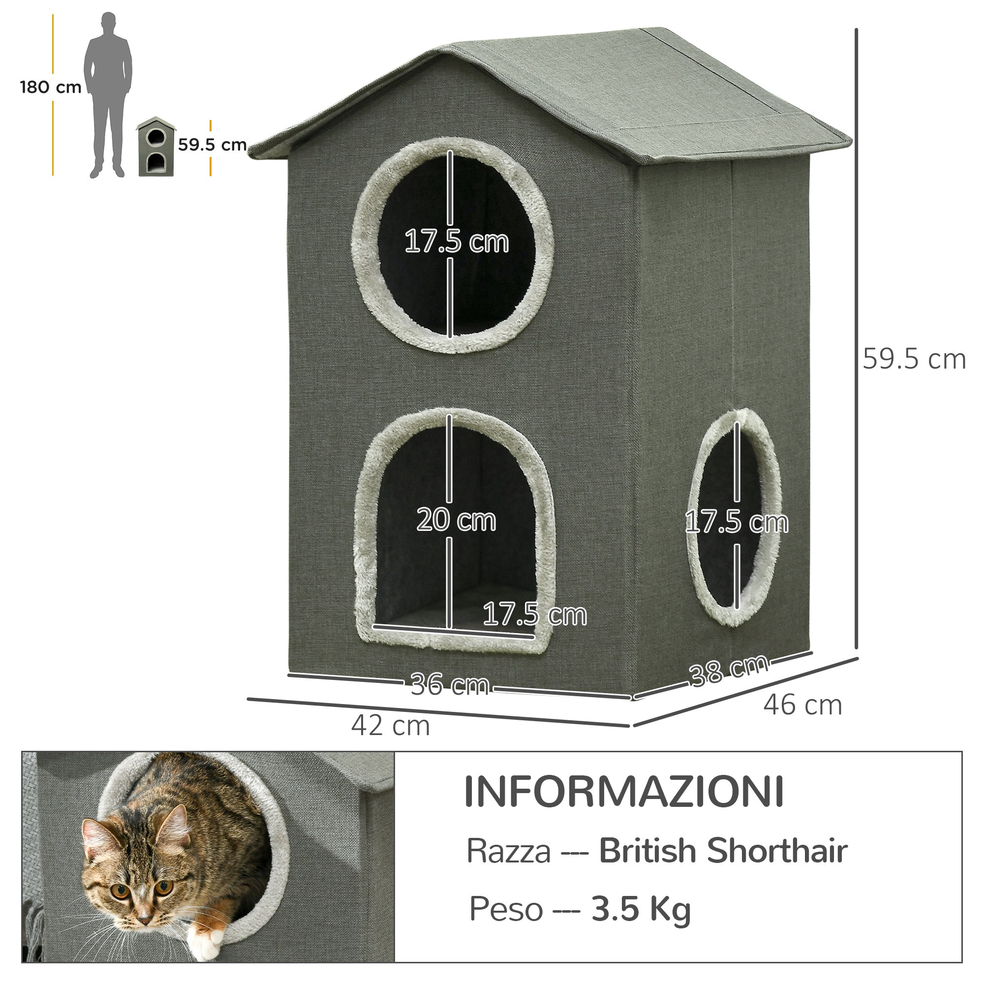 Casetta per Gatti a Due Livelli 42x46x59,5 cm 3 Entrate con Cuscini Verde