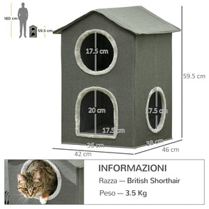 Casetta per Gatti a Due Livelli 42x46x59,5 cm 3 Entrate con Cuscini Verde