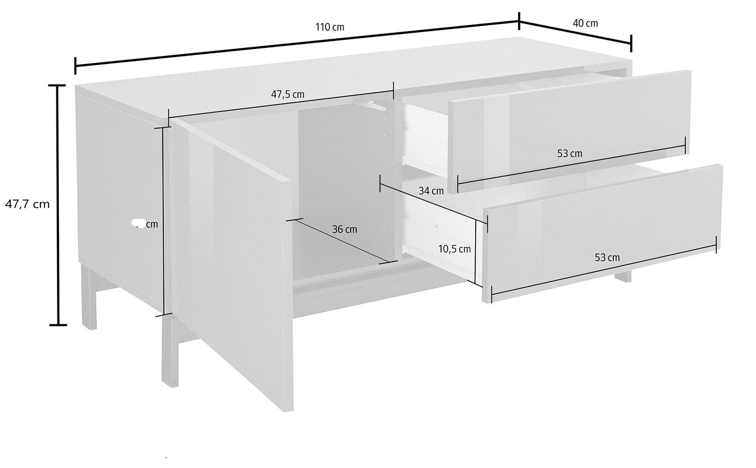 Mobile TV 1 Anta 2 Cassetti 110x40x47,7 cm Metis Bianco Lucido