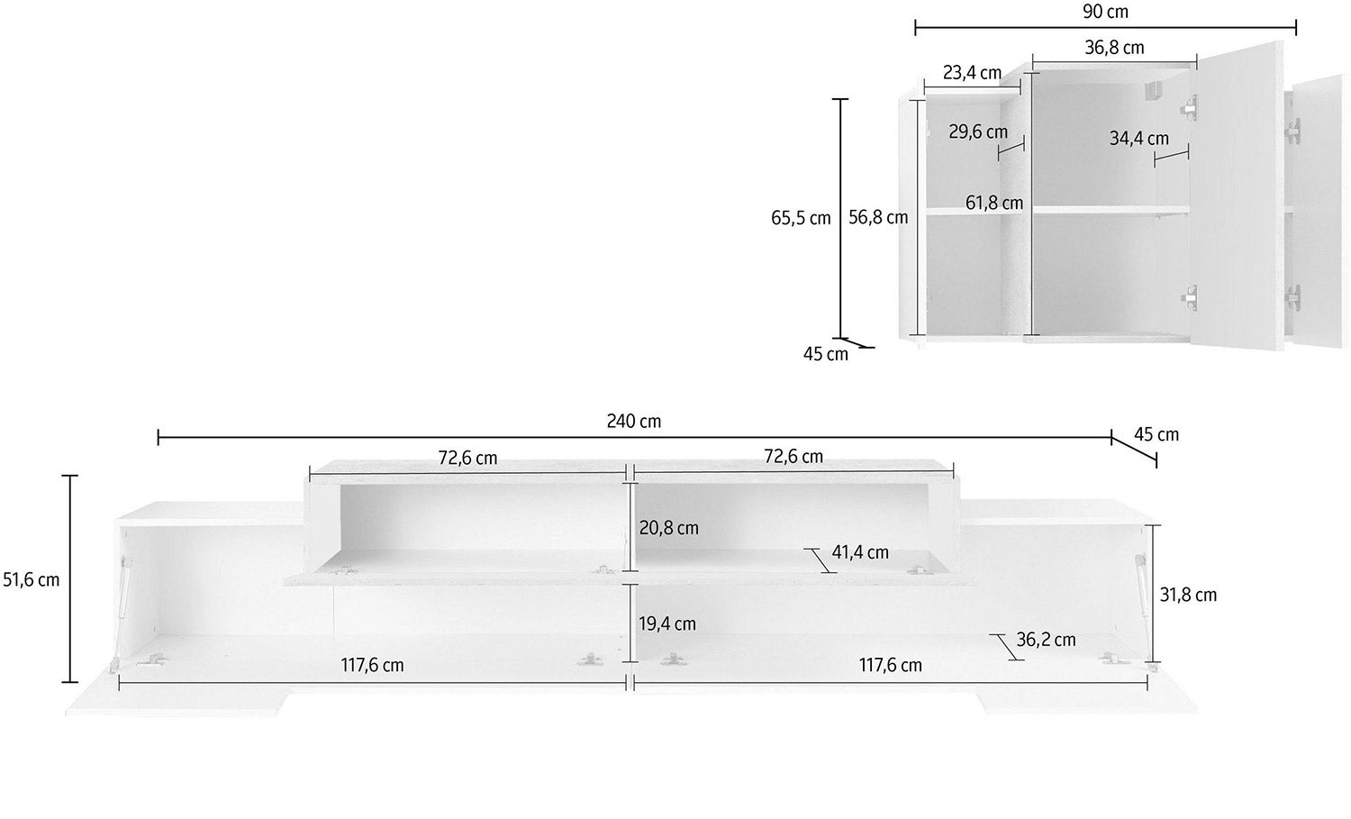 Parete Attrezzata Soggiorno Porta TV 240x45x51,6 cm con Pensile Coro Bianco Lucido e Cemento