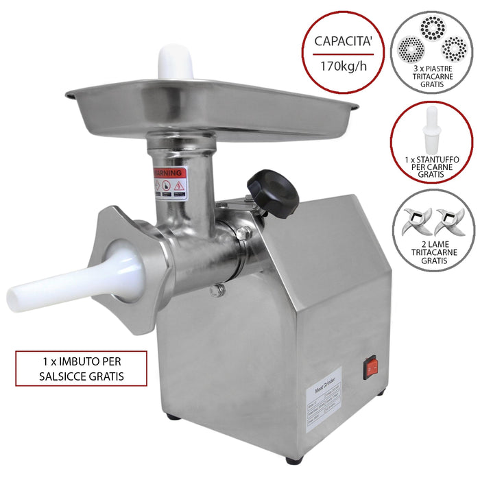 850W Tritacarne Commerciale Acciaio Inox Potente Macina Trita Carne 170kg/h