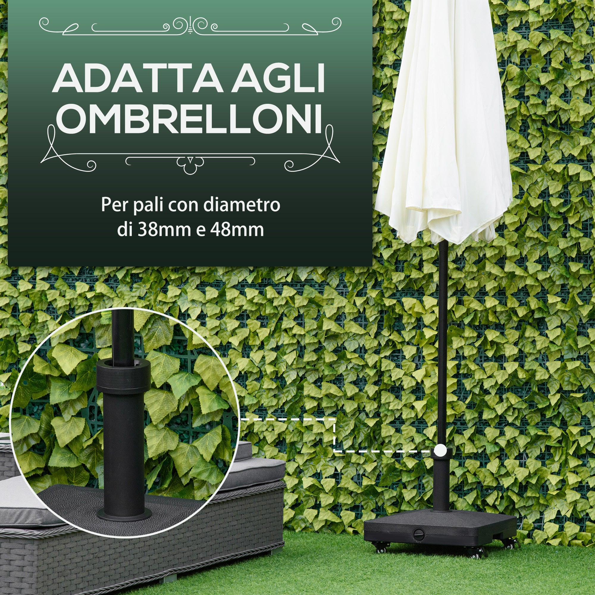 Base per Ombrellone da Giardino 45x45x39 cm Palo 38-48 mm con Ruote in HDPE Nero