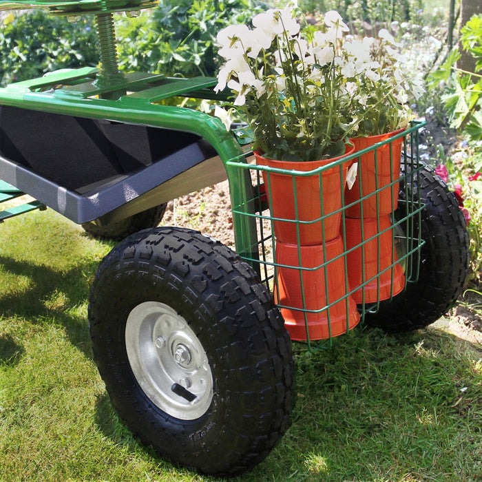 Sgabello Ruotato da Giardino Girevole e Aggiustabile Ruote e Porta Oggetti 150kg