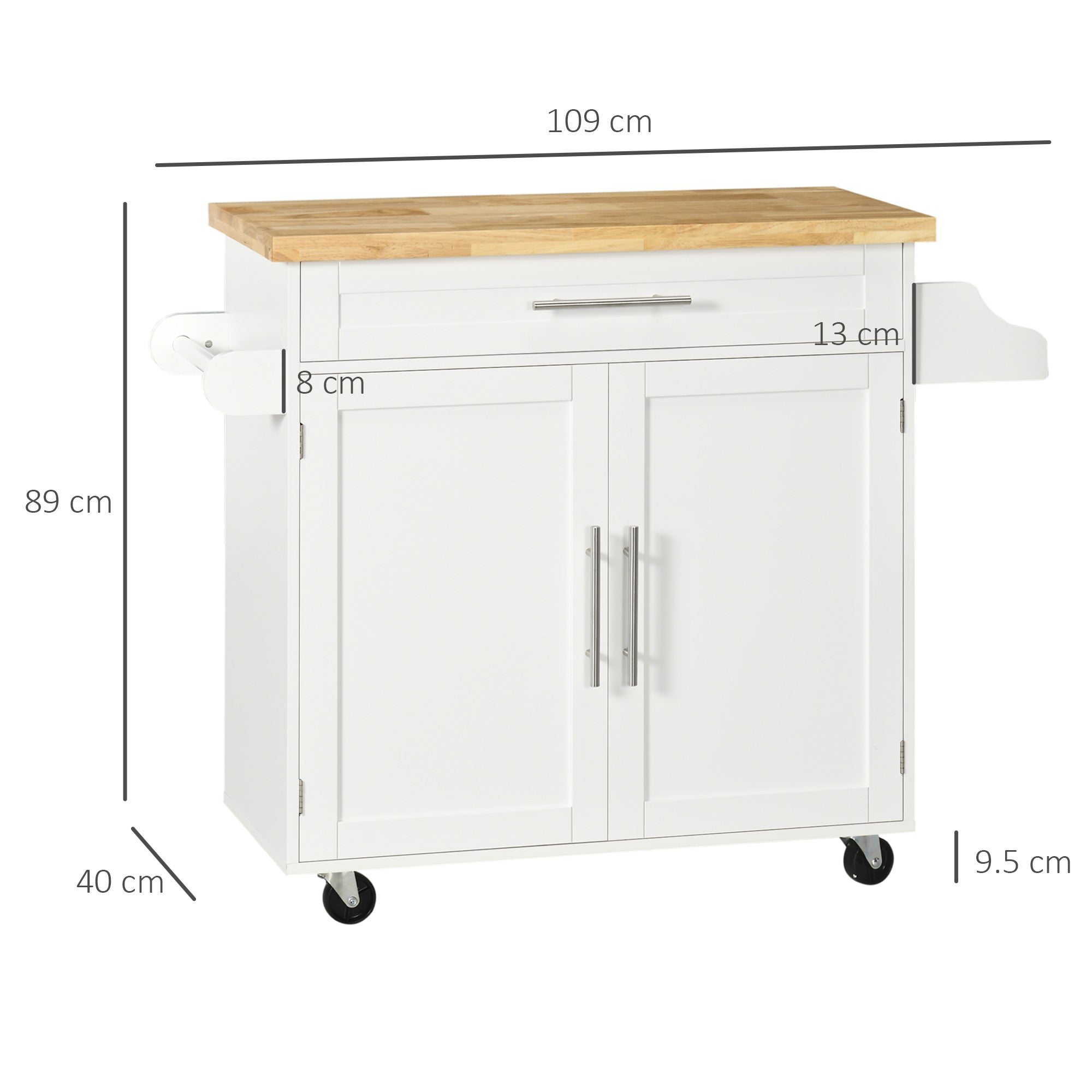 Carrello da Cucina 109x40x89 cm con Ruote in Legno Bianco