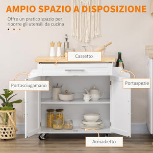 Carrello da Cucina 109x40x89 cm con Ruote in Legno Bianco