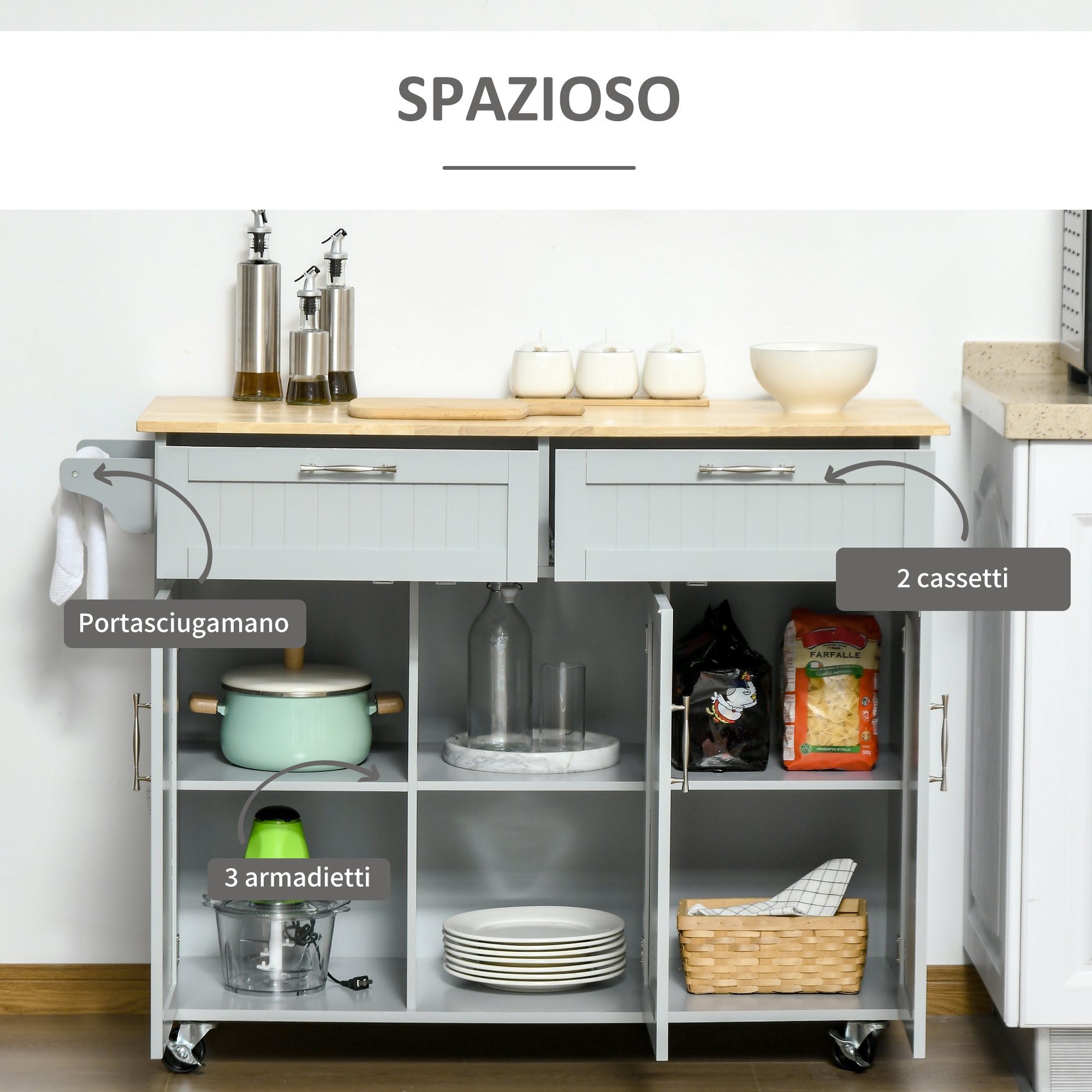 Carrello da Cucina 121x46x91 cm con Ruote in Legno Grigio