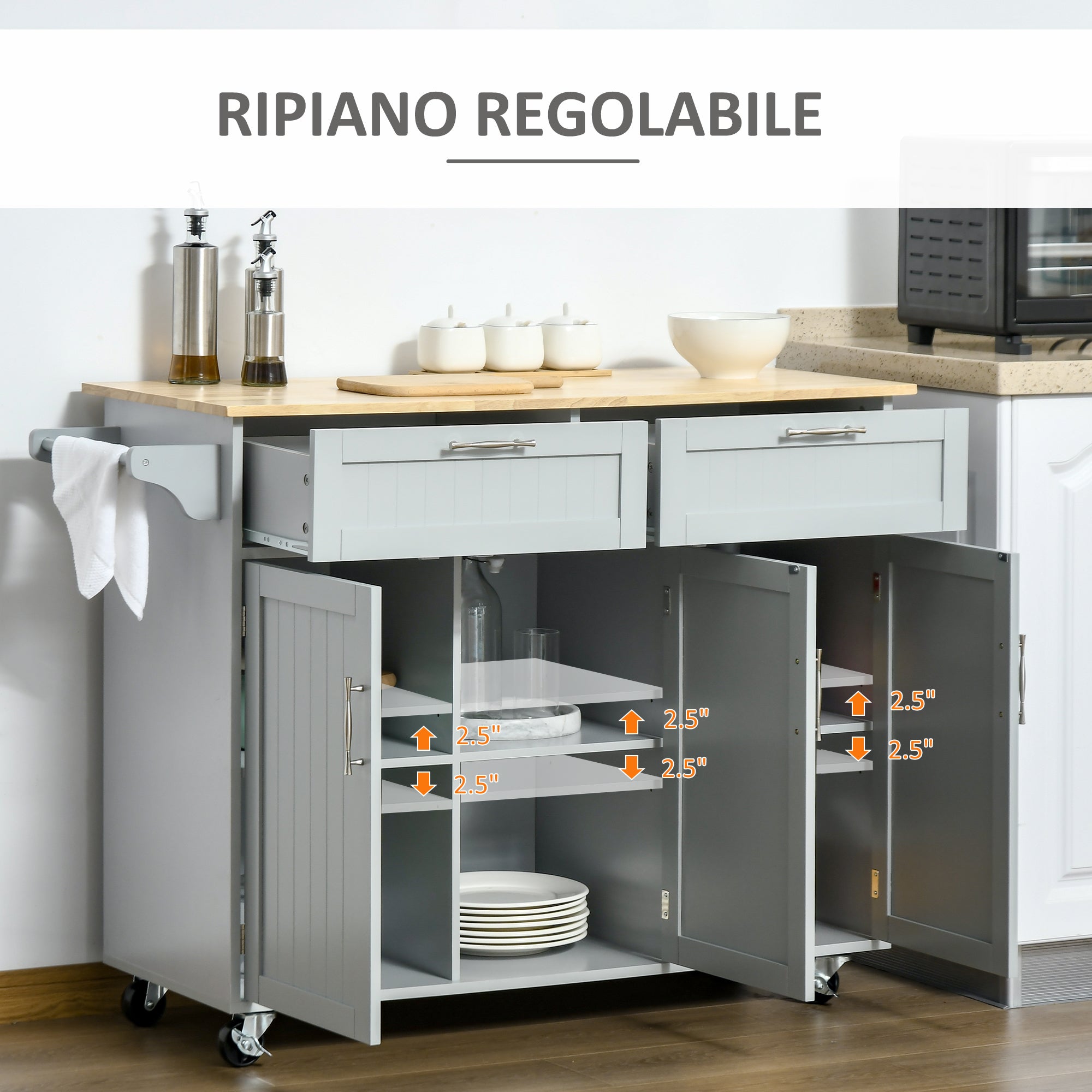 Carrello da Cucina 121x46x91 cm con Ruote in Legno Grigio