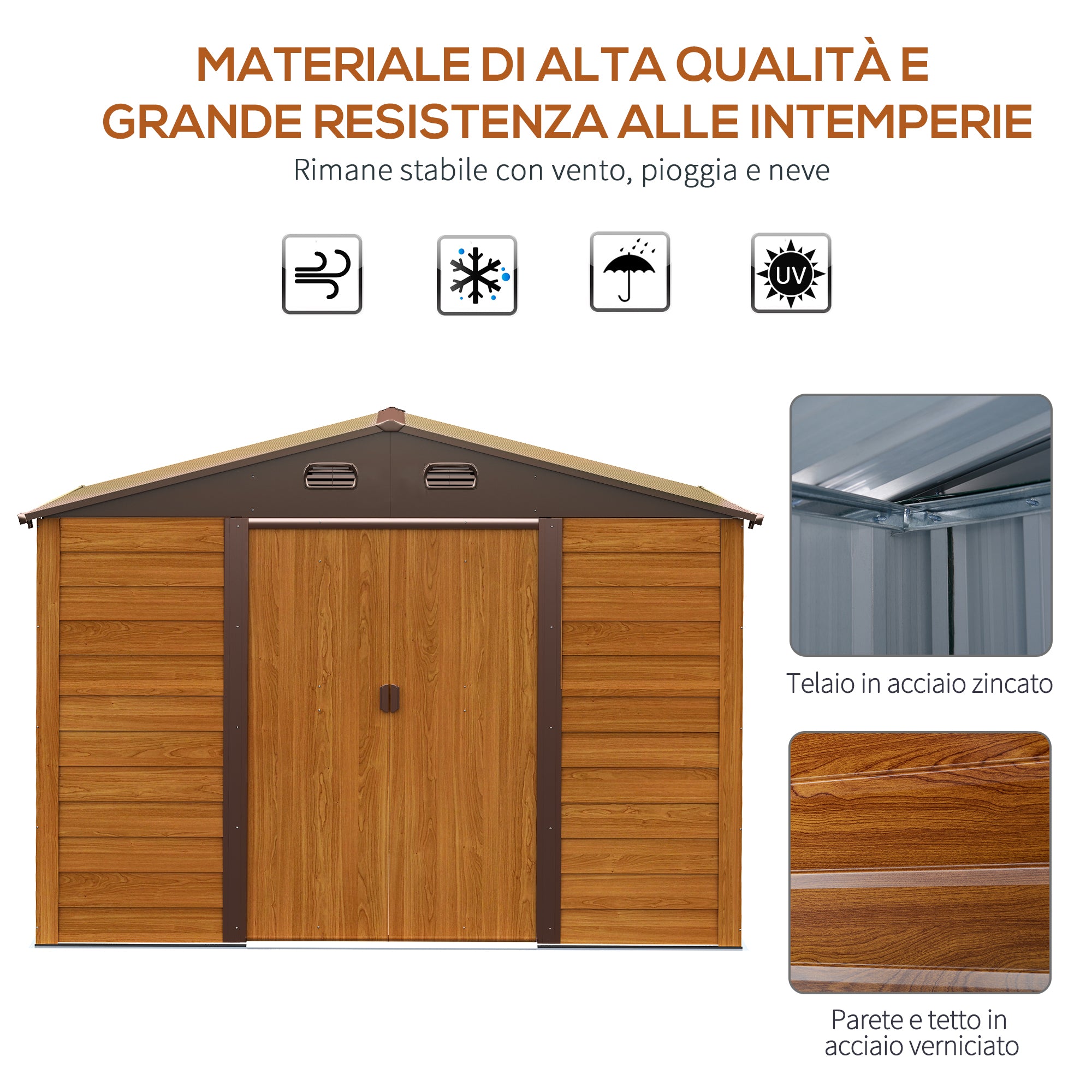 Casetta Box da Giardino 278x195x215 cm Porta Utensili in Acciaio Marrone