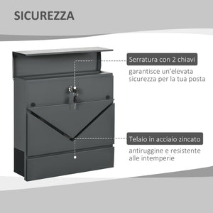 Cassetta Postale con Portagiornali 37x10,5x37 cm 2 Chiavi in Acciaio Zincato Grigio