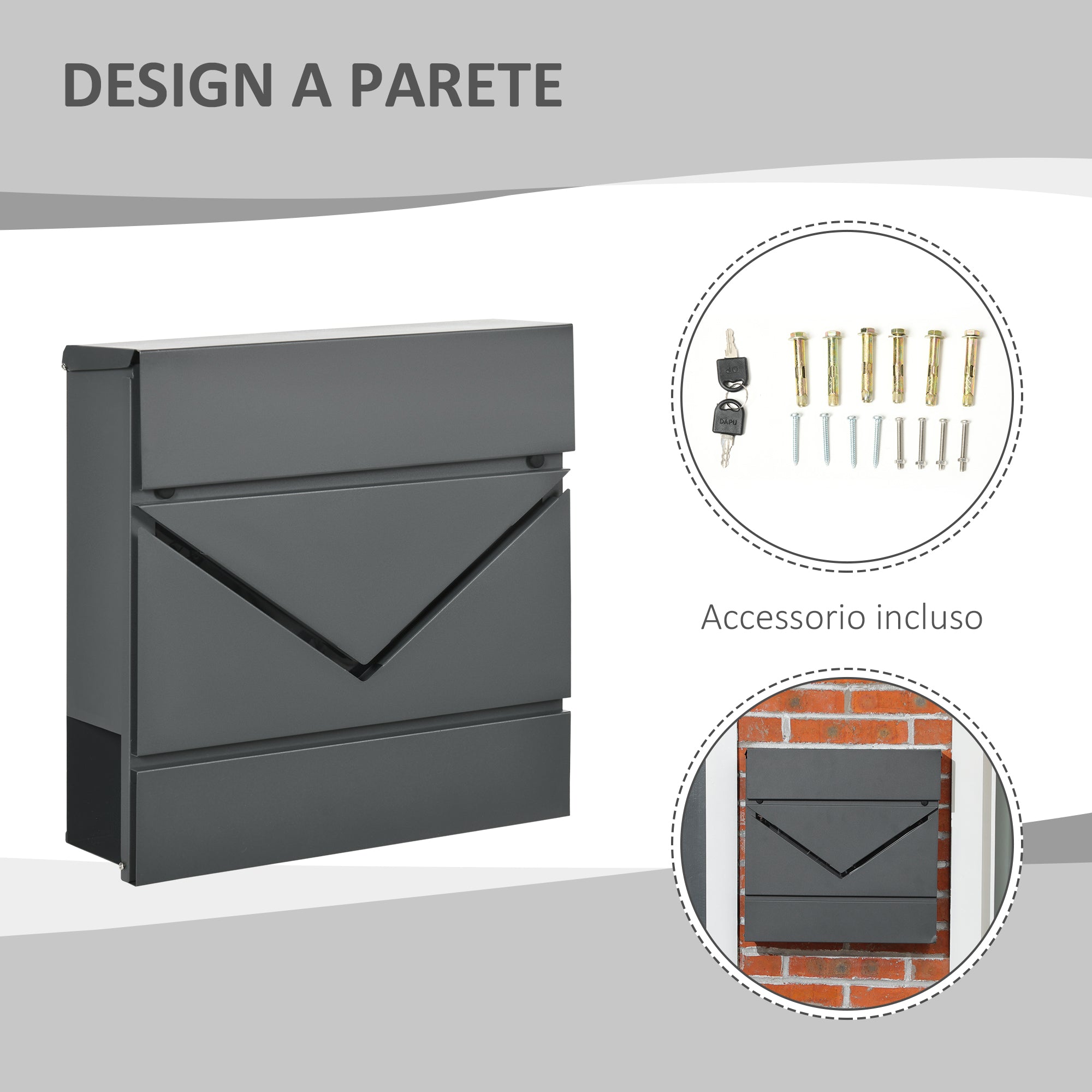 Cassetta Postale con Portagiornali 37x10,5x37 cm 2 Chiavi in Acciaio Zincato Grigio