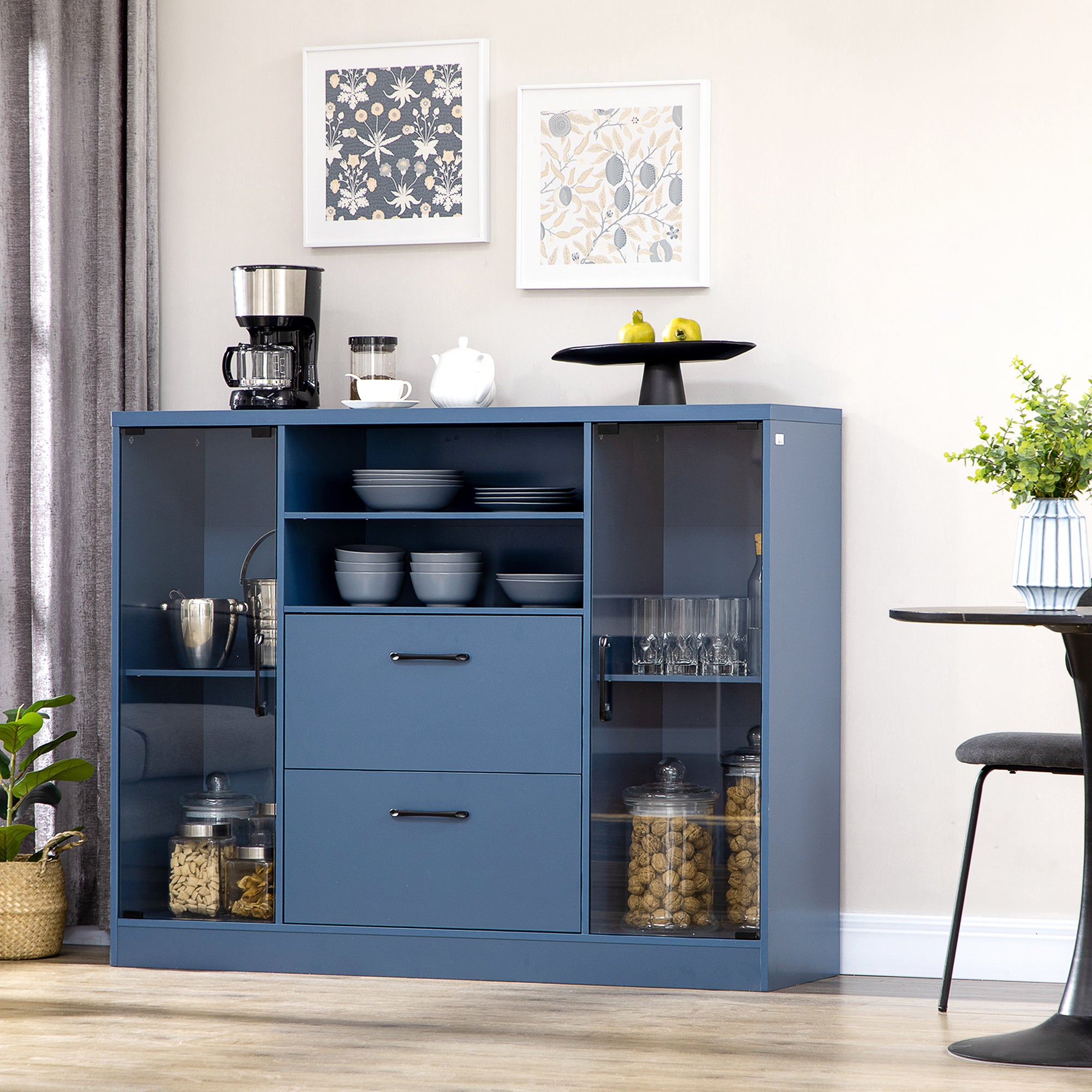 Credenza Moderna 140x39,5x110 cm Ante in Vetro Blu Scuro