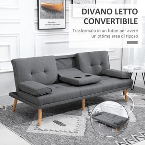 Divano Letto 3 Posti 181x77x72 cm in Tessuto Effetto Lino Grigio scuro