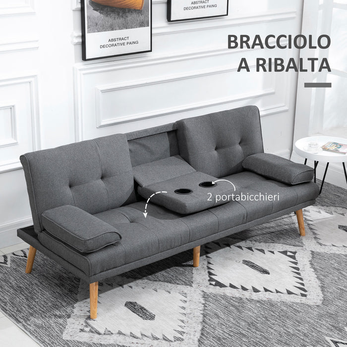 Divano Letto 3 Posti 181x77x72 cm in Tessuto Effetto Lino Grigio scuro