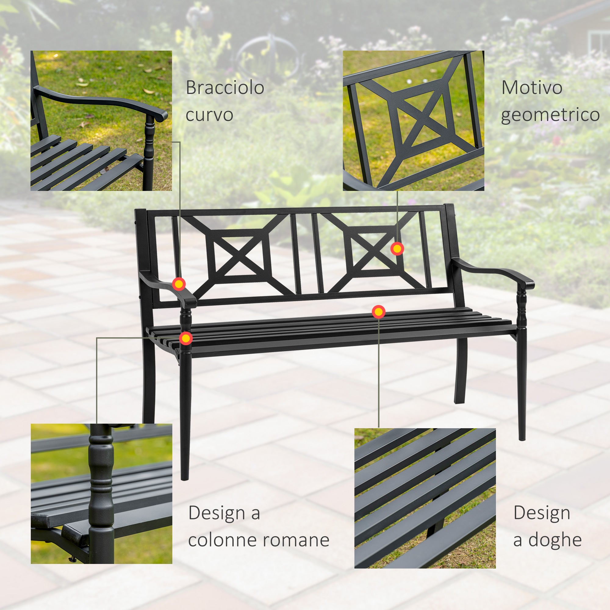 Panchina 2 Posti da Giardino 128x62,5x81,5 cm in Acciaio Nero