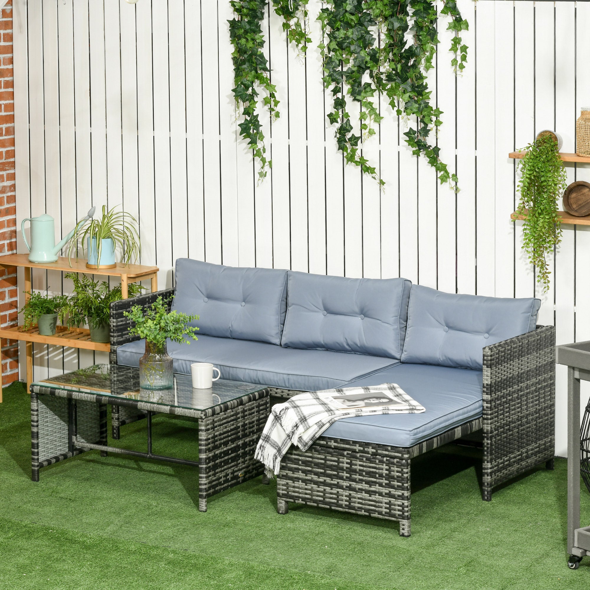 Set da Giardino  Divano Angolare Chaise Longue e Tavolino in Rattan PE Grigio