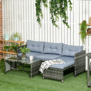 Set da Giardino  Divano Angolare Chaise Longue e Tavolino in Rattan PE Grigio